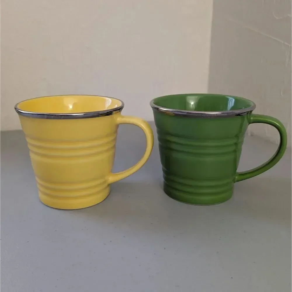 '07 STARBUCKS 14oz YELLOW & GREEN RIBBED Sand Pail Bucket Coffee Mugs Silver Rim